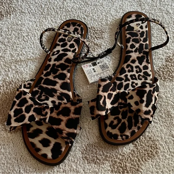 ZARA - Animal Leopard Print Bow Flat Sandals (7.5 US / 38 EUR) NWT - Picture 2 of 13